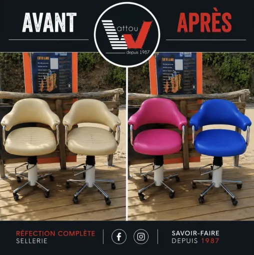 Travaux de sellerie avec remplacement du tissu sur ces fauteuils de coiffeurs vintage, Propriano, WATTOU