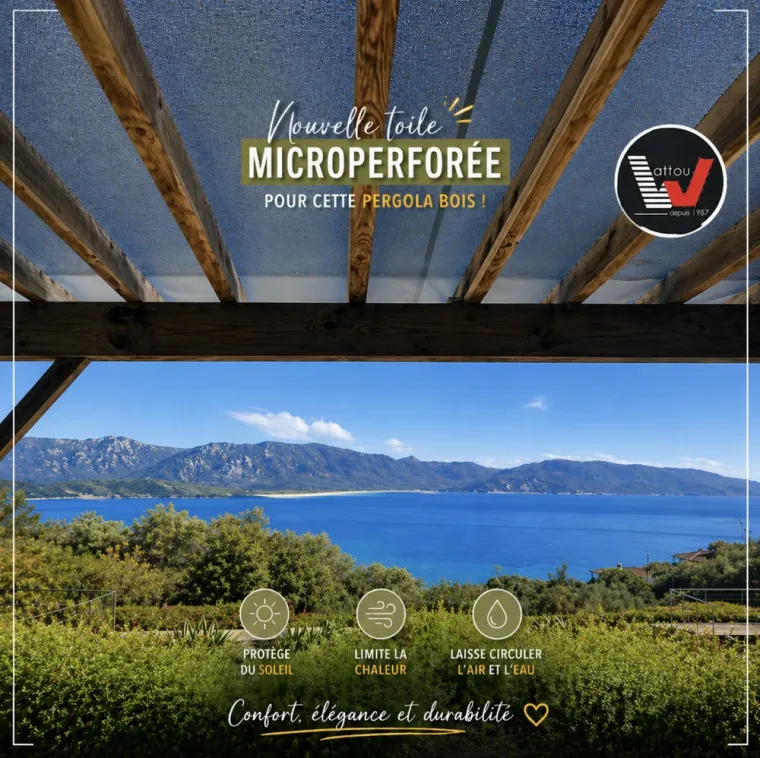 Toile d'ombrage pour pergola en bois avec un tissu micro-perforé SOLTIS 92 sur Olmeto, Propriano, WATTOU